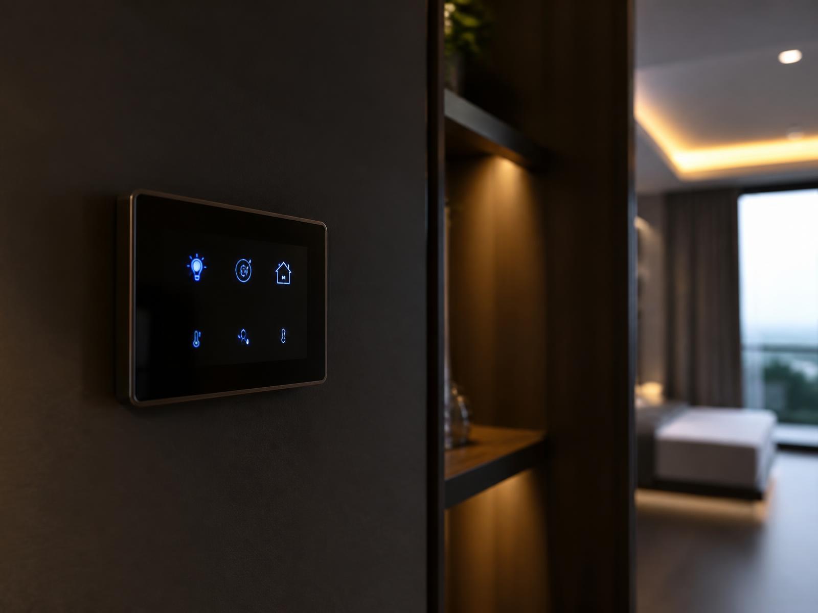 Painel de controle inteligente instalado na parede de um ambiente residencial