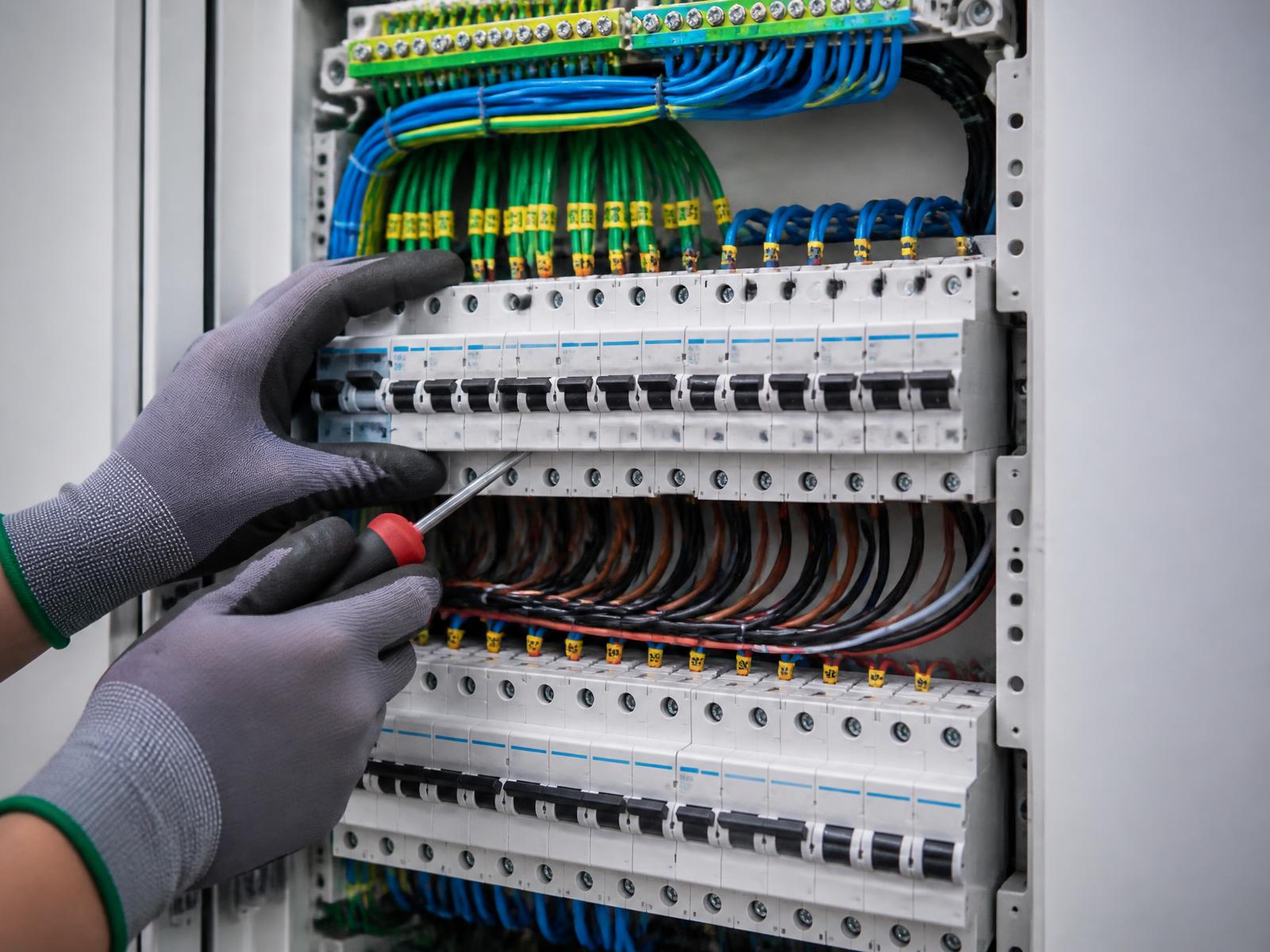 Quadro de distribuição residencial recém-montado com cabeamento identificado