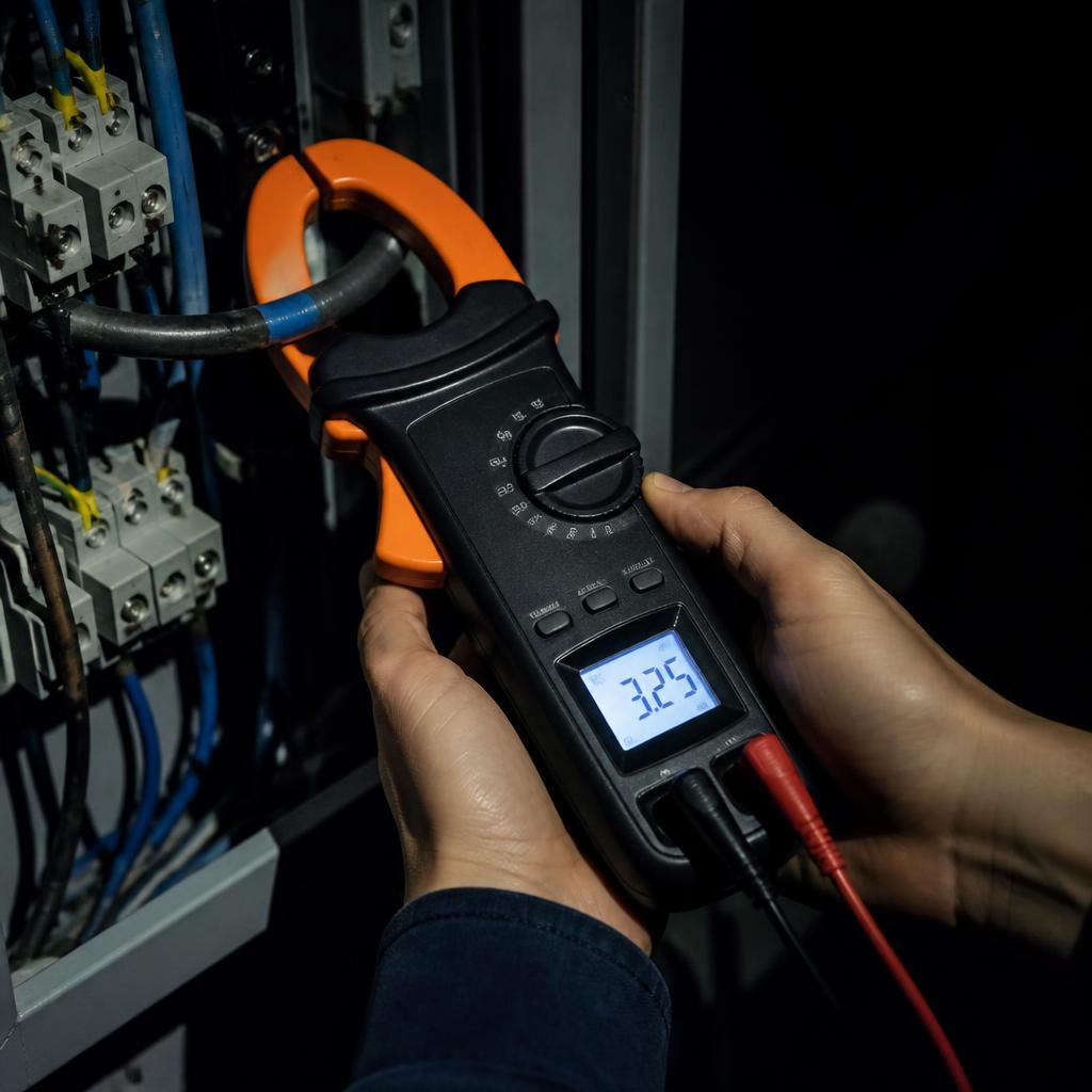 Medição elétrica com alicate amperímetro digital em ambiente técnico