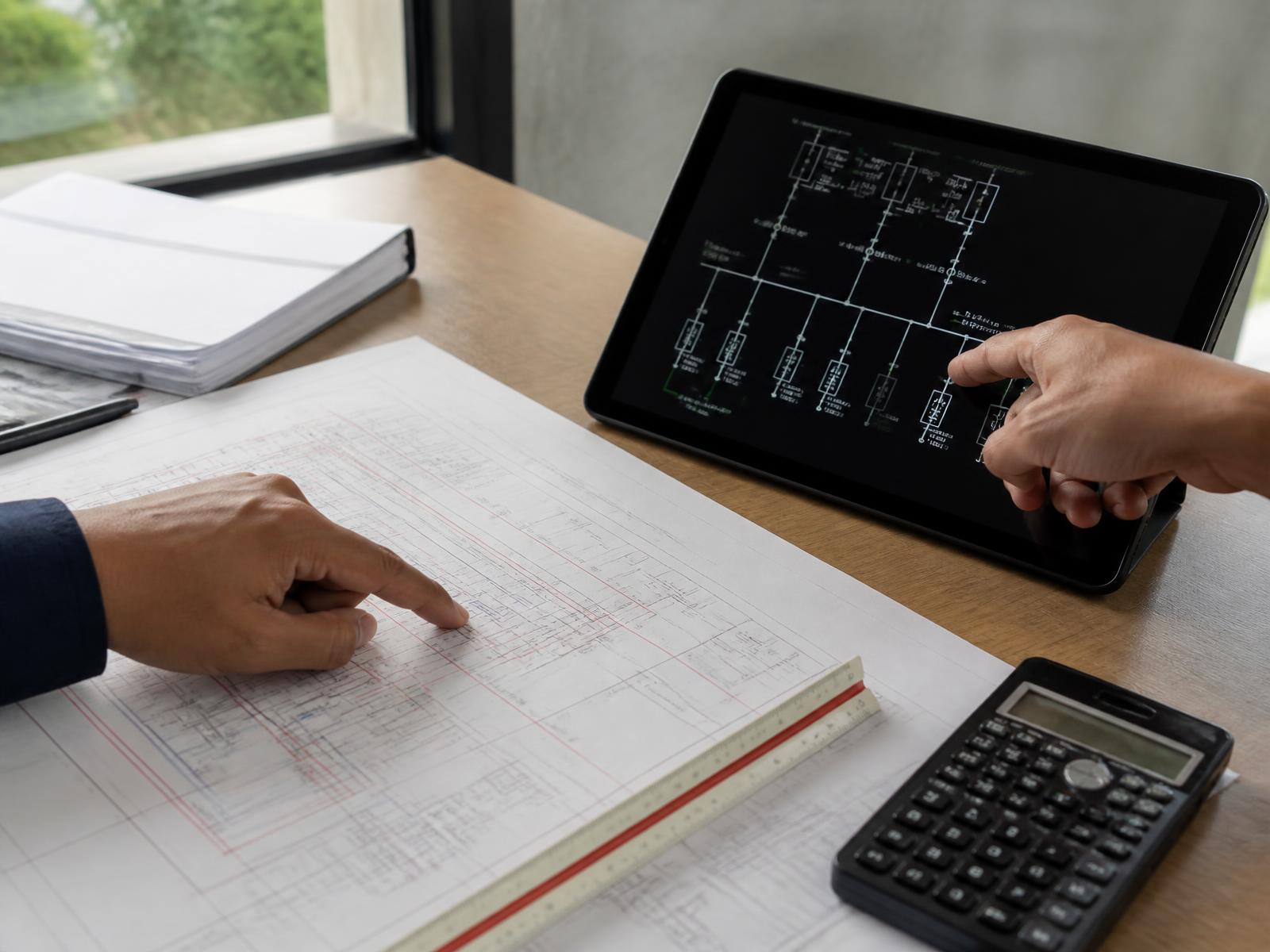 Projeto elétrico impresso sobre a mesa ao lado de tablet com diagrama unifilar